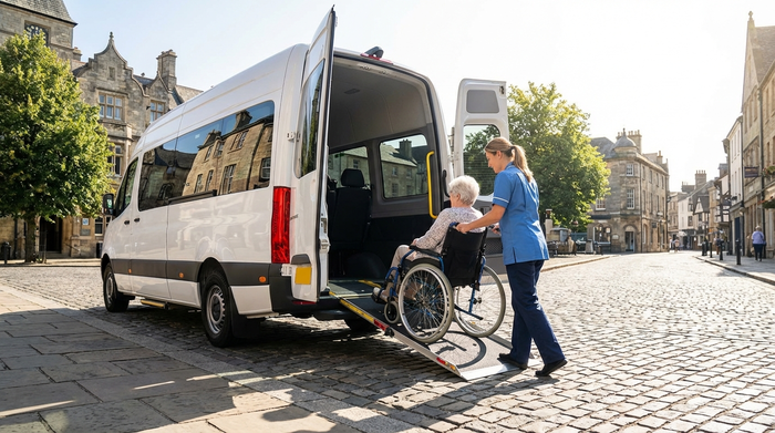 Ein moderner, weißer Kleinbus mit ausgefahrener Rampe am Heck. Eine aufmerksame Pflegekraft schiebt behutsam eine ältere Dame im Rollstuhl in das geräumige Fahrzeug. Klare, sonnige Szene auf einer gepflasterten Straße.