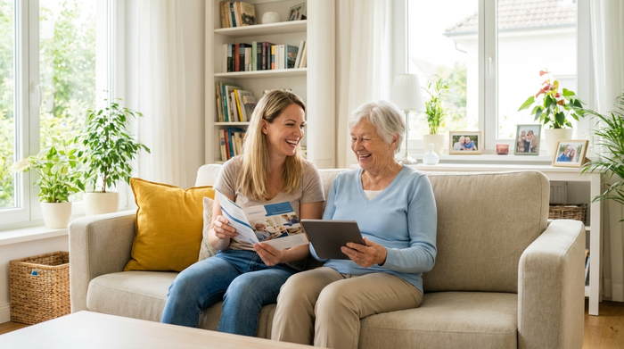 Eine erwachsene Tochter sitzt mit ihrer älteren Mutter auf einem gemütlichen Sofa und bespricht lächelnd Informationsmaterialien. Harmonische, familiäre Stimmung in einem lichtdurchfluteten, aufgeräumten Wohnzimmer.