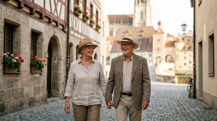 Ein älteres Paar spaziert entspannt durch eine historische Gasse in Regensburg, im Hintergrund ist verschwommen historische Architektur zu erkennen. Die Stimmung ist friedlich und sonnig.