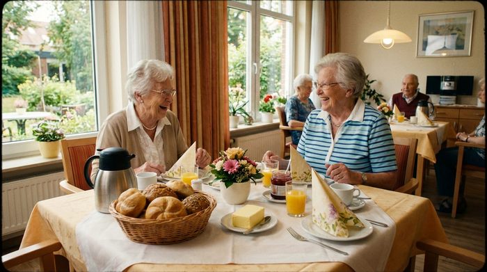 Ein liebevoll gedeckter Frühstückstisch in einer Senioreneinrichtung. Frische Brötchen, Kaffee und Orangensaft stehen bereit. Zwei ältere Damen unterhalten sich angeregt und lachen.