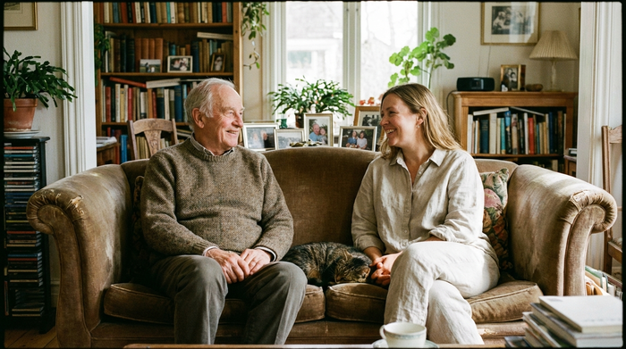Ein älterer Mann und seine Tochter sitzen entspannt auf einem Sofa im heimischen Wohnzimmer und lächeln sich glücklich an. Die Atmosphäre ist harmonisch und sorgenfrei.
