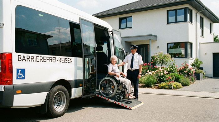 Ein moderner, weißer Kleinbus mit ausgefahrener Rampe steht vor einem gepflegten Haus. Ein freundlicher Fahrer hilft einer lächelnden Seniorin im Rollstuhl sicher in das Fahrzeug.