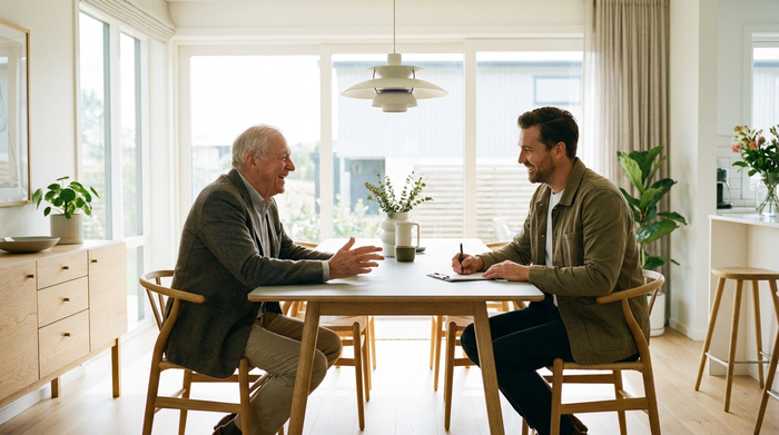 Ein älterer Herr sitzt entspannt am Esstisch und unterhält sich lächelnd mit einem freundlichen Gutachter, der Notizen auf einem Klemmbrett macht. Helle, freundliche Atmosphäre in einem modernen Esszimmer.
