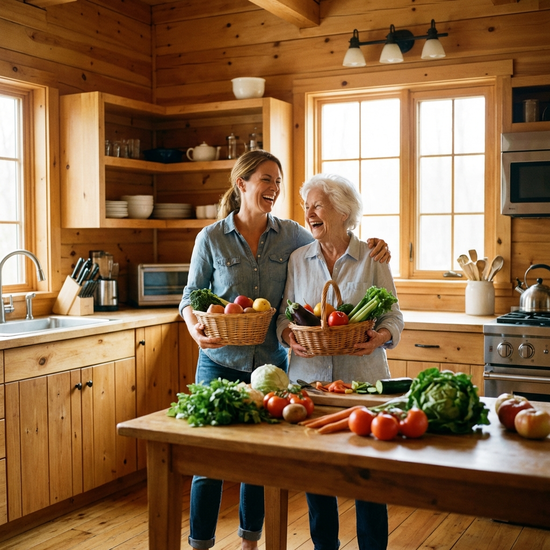 Eine engagierte Alltagsbegleiterin räumt gemeinsam mit einer Seniorin frische Lebensmittel wie Obst und Gemüse in eine saubere, gut beleuchtete Holzküche ein. Beide wirken fröhlich und vertraut.