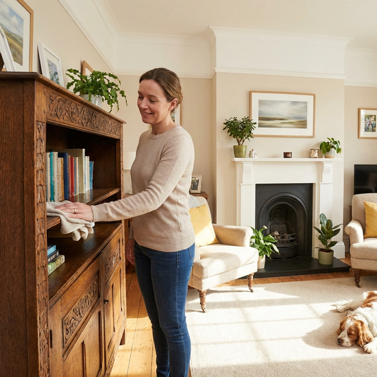 Eine sorgfältige Reinigungskraft wischt mit einem weichen Tuch behutsam den Staub von einem antiken Holzregal in einem aufgeräumten, gemütlichen Wohnzimmer.