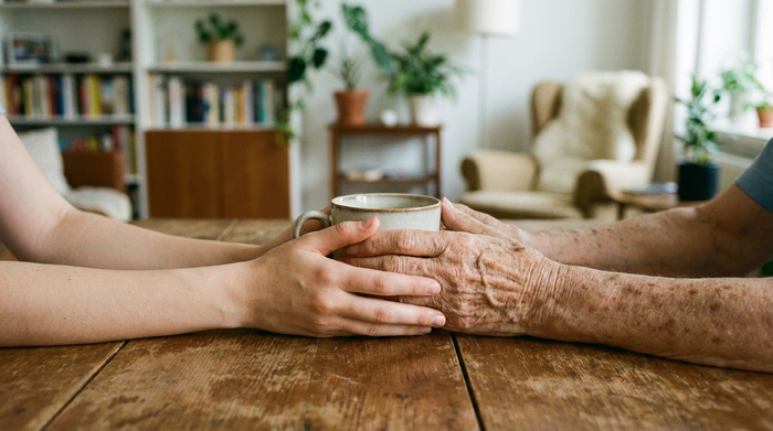 Zwei Hände, eine jüngere und eine ältere, halten gemeinsam eine Kaffeetasse auf einem Holztisch. Im Hintergrund ist unscharf eine saubere, aufgeräumte Wohnung zu erkennen. Ruhige, harmonische Stimmung.