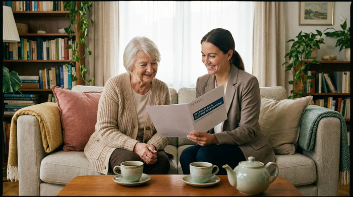 Eine ältere Dame und eine professionelle Pflegeberaterin sitzen auf einem gemütlichen Sofa und schauen gemeinsam lächelnd auf ein Dokument. Auf dem Tisch stehen zwei Tassen Tee.
