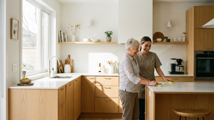 Eine rüstige Seniorin und eine jüngere Haushaltshilfe wischen gemeinsam lächelnd die Küchenarbeitsplatte in einer sauberen, modernen Küche. Helles Licht, aufgeräumte Umgebung.
