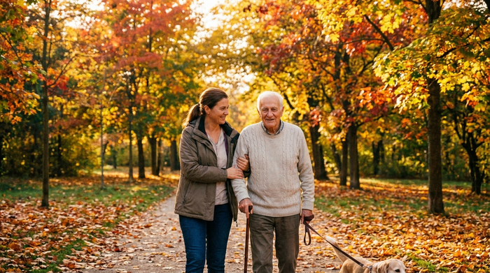 Ein geduldiger Alltagsbegleiter stützt einen älteren Herrn mit Gehstock bei einem entspannten Spaziergang durch einen grünen Park. Sonniges Wetter, herbstliche Bäume im Hintergrund.
