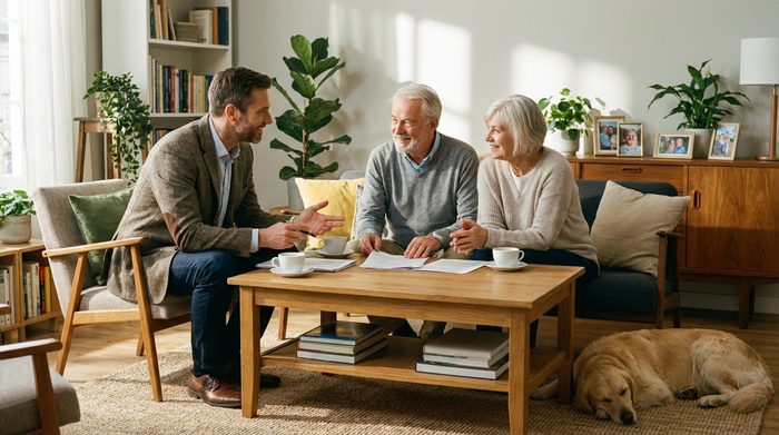 Ein älteres Ehepaar sitzt mit einem Berater am Wohnzimmertisch und bespricht entspannt Dokumente. Eine Kaffeetasse steht auf dem Tisch, seriöse und beruhigende Stimmung.