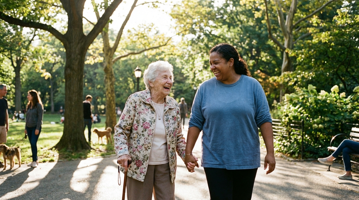 Eine ältere Frau und eine Betreuerin spazieren an einem sonnigen Tag entspannt durch einen grünen Park. Beide lachen und wirken sehr vertraut. Realistische, helle Fotografie.