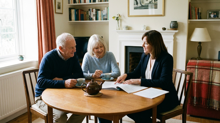 Ein älteres Ehepaar sitzt gemeinsam mit einer Beraterin an einem runden Holztisch in einem gemütlichen Esszimmer. Sie besprechen Dokumente bei einer Tasse Kaffee. Ruhige, professionelle Stimmung.