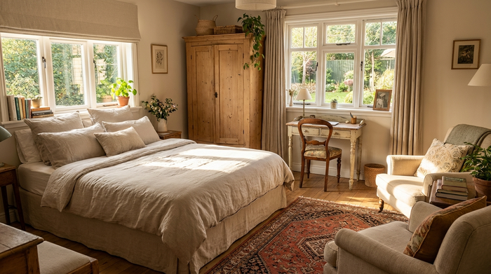 Ein helles, freundlich eingerichtetes Gästezimmer mit einem bequemen Bett, einem Holzschrank und einem kleinen Schreibtisch am Fenster. Sonneneinfall und gemütliche Wohnatmosphäre.