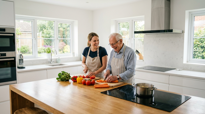 Eine Pflegekraft und ein Senior bereiten gemeinsam in einer modernen, sauberen Küche frisches Gemüse für das Mittagessen vor. Fröhliche Stimmung, helles Tageslicht.