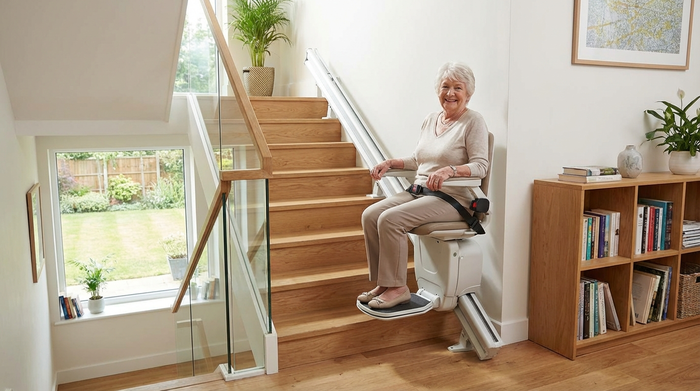 Ein moderner, sicherer Treppenlift in einem gepflegten Einfamilienhaus. Eine ältere Person nutzt den Lift entspannt, um in das obere Stockwerk zu gelangen. Helles Treppenhaus.