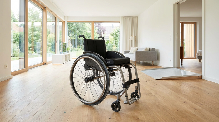Ein moderner, leichter manueller Rollstuhl steht gut beleuchtet in einem sauberen, barrierefreien Wohnzimmer mit Holzboden und großen Fenstern. Keine Personen im Bild, Fokus auf Mobilität und Design.