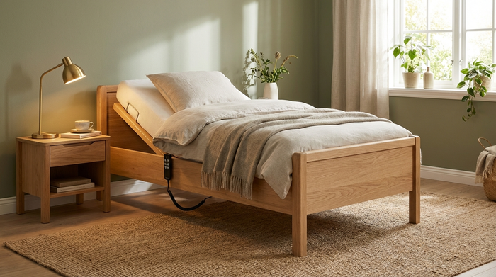 Ein komfortables, elektrisch verstellbares Pflegebett aus hellem Holz in einem gemütlichen, gut beleuchteten Schlafzimmer. Das Kopfteil ist leicht aufgerichtet, auf dem Nachttisch steht eine Leselampe.