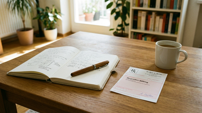 Ein aufgeschlagener Notizblock, ein Stift und ein ärztliches Rezept liegen auf einem sauberen Holztisch. Daneben steht eine weiße Kaffeetasse. Ruhige, organisierte Atmosphäre im heimischen Wohnzimmer.