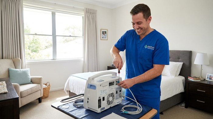 Ein freundlicher Servicetechniker in sauberer Arbeitskleidung baut sorgfältig ein medizinisches Gerät in einem ordentlichen Schlafzimmer auf. Er lächelt und arbeitet präzise bei gutem Tageslicht.