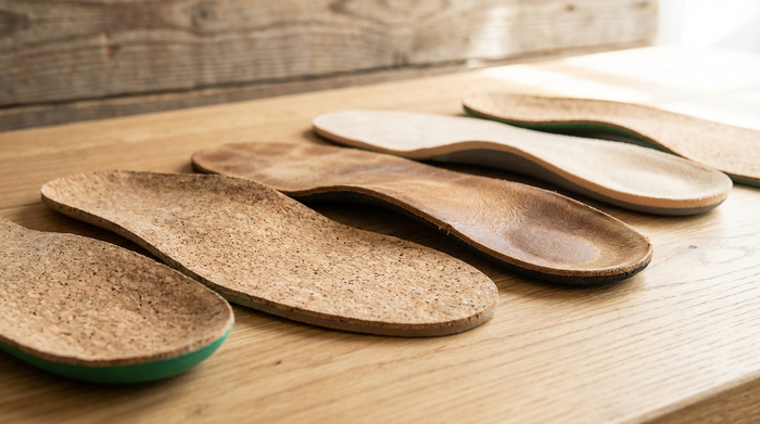 Nahaufnahme von verschiedenen orthopädischen Einlagen auf einem sauberen Holztisch. Hochwertige Materialien wie Kork, Leder und weicher Schaumstoff sind deutlich erkennbar. Helles, natürliches Licht, fokussierte Tiefenschärfe, keine Schriftzüge.