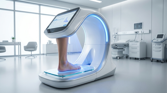 Ein moderner 3D-Fußscanner in einem hellen Raum. Ein nackter Fuß steht auf einer beleuchteten Glasplatte, während sanftes blaues Licht die Konturen abtastet. Medizinische, saubere Umgebung, futuristisch und professionell.