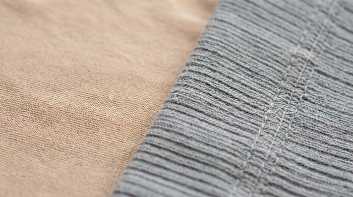 Zwei unterschiedliche Stoffstrukturen von Kompressionsstrümpfen im Detail nebeneinander gelegt. Eine Seite zeigt feines, glattes Gewebe, die andere Seite dickeres, geripptes Material mit einer flachen Naht. Makroaufnahme, weiche Beleuchtung, Textilfokus.