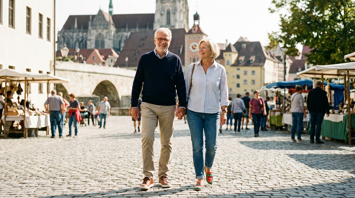 Ein älteres Ehepaar spaziert glücklich und entspannt durch die historische Altstadt von Regensburg an einem sonnigen Tag. Beide tragen bequeme, modische Schuhe. Lebendige, fröhliche Stimmung, gepflasterte Straße, unscharfer Hintergrund.