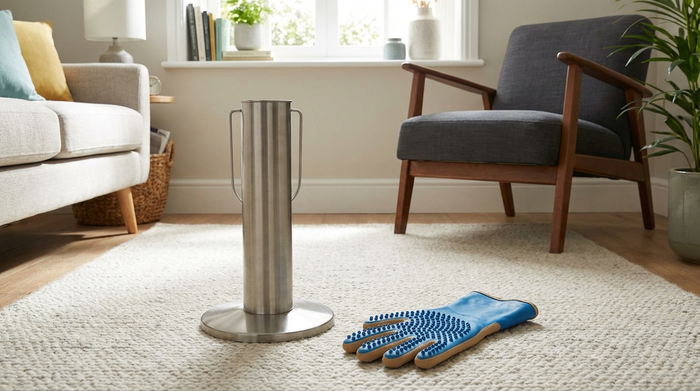 Ein metallener Anziehbutler für Kompressionsstrümpfe steht auf einem hellen Teppichboden in einem gemütlichen Wohnzimmer. Ein spezieller Gummihandschuh mit Noppen liegt direkt daneben. Aufgeräumte Szene, klares Tageslicht, realistische Darstellung.