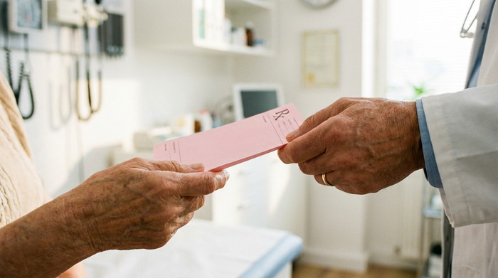Nahaufnahme der Hände eines Arztes, der ein rosafarbenes Rezeptformular an einen älteren Patienten übergibt. Helle, saubere Arztpraxis im Hintergrund, realistische Szene, warmes Licht, ohne erkennbaren Text.