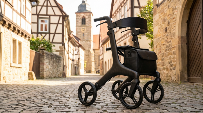 Ein hochwertiger, moderner Carbon-Rollator steht auf einem gepflasterten Weg in einer historischen Altstadt. Sonniges Wetter, weiche Schatten, fokussiert auf das elegante Design des Rollators, keine Menschen im direkten Fokus.