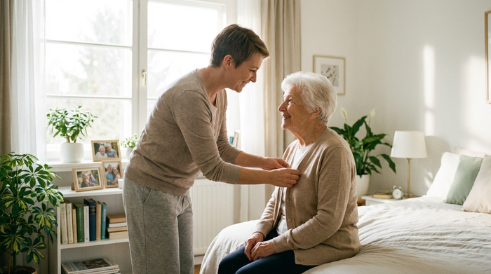 Eine einfühlsame Pflegekraft hilft einer älteren Dame beim Richten der Kleidung im hellen Schlafzimmer. Beide lächeln sich vertraut an. Sanftes Morgenlicht fällt durch das Fenster, saubere und aufgeräumte Umgebung, realistische Fotografie ohne Text.