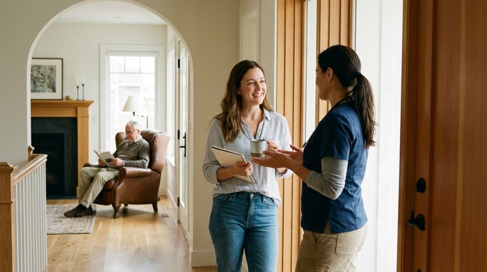 Eine erwachsene Tochter und eine professionelle Pflegekraft besprechen sich freundlich im Flur eines modernen Hauses, während der ältere Vater im Hintergrund gemütlich im Sessel liest. Vertrauensvolle und entlastende Stimmung, realistische Szene, warme Farben.