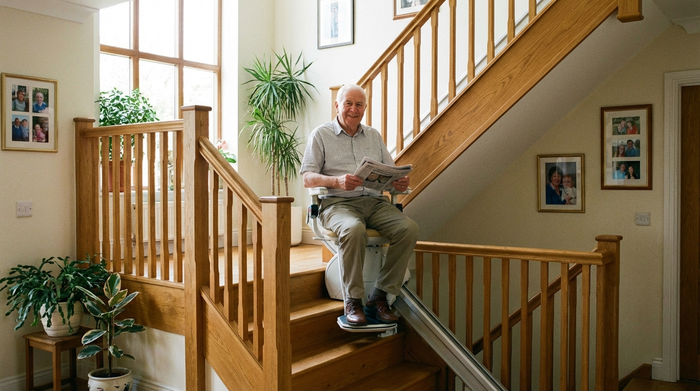 Ein älterer Herr nutzt sicher einen modernen Treppenlift in einem gepflegten Einfamilienhaus. Er wirkt entspannt und selbstständig. Das Treppenhaus ist hell und freundlich eingerichtet, warme Holztöne dominieren. Realistische Fotografie, keine störenden Elemente.
