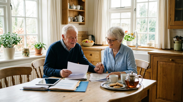 Ein älteres Ehepaar sitzt gemeinsam am Küchentisch und geht entspannt einige Dokumente durch. Eine Tasse Tee steht bereit. Die Atmosphäre ist ruhig, organisiert und zuversichtlich. Helle, realistische Fotografie ohne Schriftzüge.