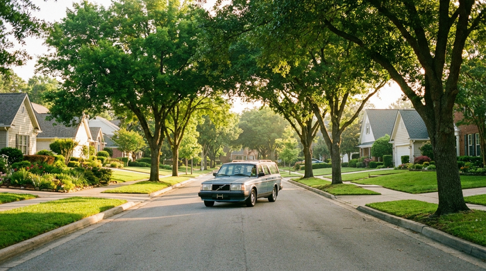 Ein Auto fährt durch eine gepflegte Wohnsiedlung mit Einfamilienhäusern an einem sonnigen Morgen. Grüne Bäume säumen die Straße, ruhige Vorstadtatmosphäre ohne sichtbaren Text.