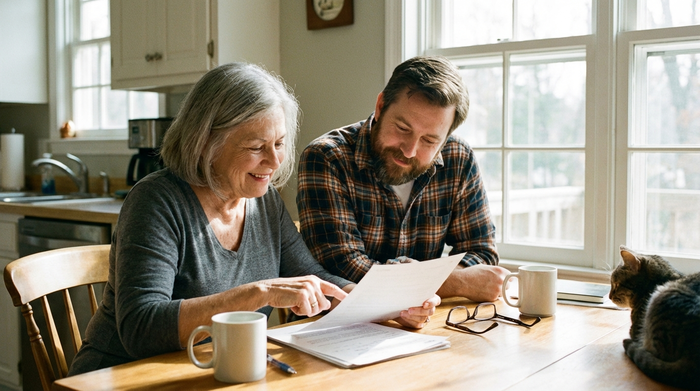 Eine ältere Frau und ihr erwachsener Sohn sitzen am Küchentisch und schauen gemeinsam auf einige Papiere. Beide wirken konzentriert aber entspannt. Helles Tageslicht.