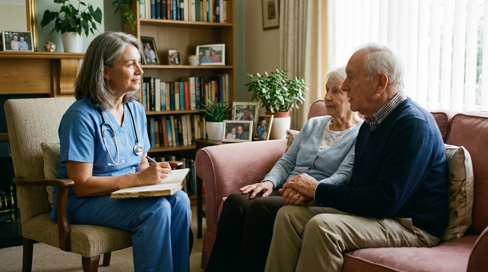 Eine erfahrene Pflegekraft im Gespräch mit einem älteren Ehepaar auf dem Sofa. Die Pflegekraft hört aufmerksam zu und macht sich Notizen. Vertrauensvolles, empathisches Umfeld.
