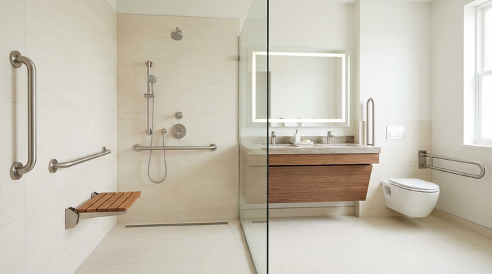 Ein modernes Badezimmer mit einer bodengleichen, barrierefreien Dusche und stabilen Haltegriffen an den hellen Fliesen. Sauber, funktional und stilvoll eingerichtet.