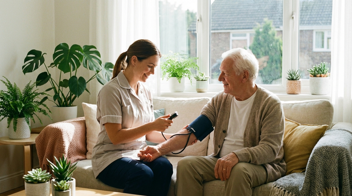Eine professionelle Pflegekraft misst behutsam den Blutdruck eines älteren Herrn in einem aufgeräumten, sonnigen Wohnzimmer. Beide wirken entspannt. Im Hintergrund eine gemütliche Couch und Zimmerpflanzen. Realistische Fotografie, saubere Umgebung.