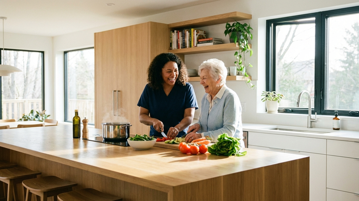 Eine liebevolle Betreuungskraft und eine ältere Frau kochen gemeinsam in einer modernen, hellen Küche. Sie schneiden frisches Gemüse und lachen miteinander. Die Szene strahlt familiäre Atmosphäre aus. Fotorealistisch, keine Schriften.