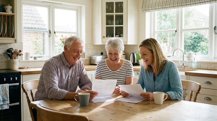 Ein älteres Ehepaar sitzt mit ihrer erwachsenen Tochter am Küchentisch und schaut gemeinsam entspannt auf einige Papiere. Die Stimmung ist positiv und erleichtert. Helles Tageslicht, aufgeräumte häusliche Umgebung. Keine lesbaren Texte.