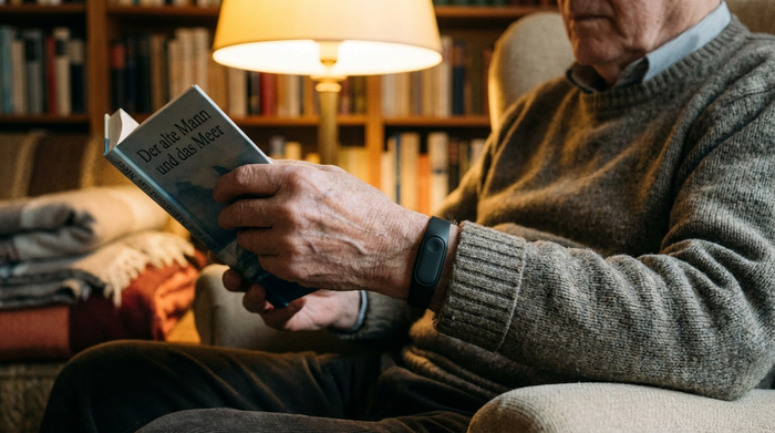Ein moderner, unauffälliger Hausnotruf-Knopf am Handgelenk eines Senioren, der gemütlich in einem Sessel liest. Fokussiert auf das Handgelenk und das Buch. Warme, sichere Wohnatmosphäre im Hintergrund. Realistisches Foto.