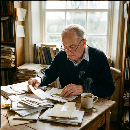 Ein älterer Herr mit Lesebrille sitzt konzentriert an einem Holztisch und sortiert verschiedene Dokumente und Briefumschläge. Eine Tasse Kaffee steht daneben. Helles Tageslicht fällt durch das Fenster.