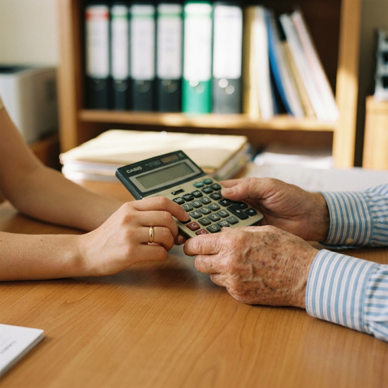 Zwei Hände, eine von einer jüngeren Frau und eine von einem älteren Mann, halten gemeinsam einen Taschenrechner auf einem aufgeräumten Schreibtisch. Im Hintergrund unscharfe Aktenordner.