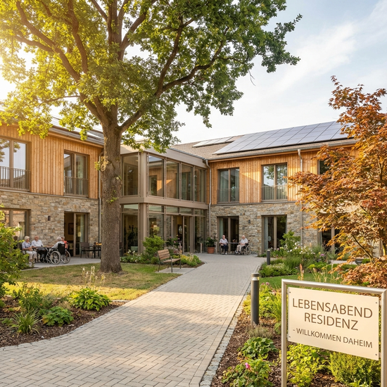 Eine moderne, einladende Außenansicht eines gepflegten Seniorenheims an einem sonnigen Tag. Große Fenster, barrierefreie gepflasterte Wege und alte grüne Bäume im Vorgarten.