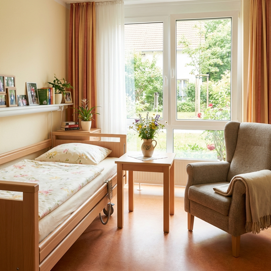 Ein freundlich eingerichtetes Einzelzimmer in einer Pflegeeinrichtung. Ein bequemes Pflegebett mit heller Bettwäsche, ein kleiner Holztisch mit einer Blumenvase und ein gemütlicher Sessel.