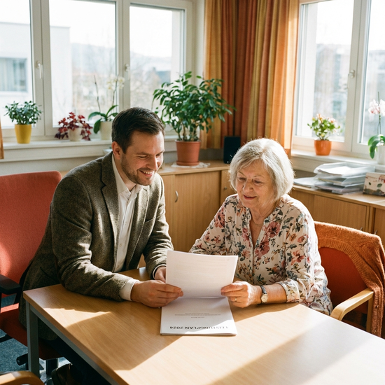 Ein lächelnder Sozialarbeiter im Gespräch mit einer Seniorin in einem hellen Büro. Beide schauen entspannt auf ein Dokument auf dem Tisch. Vertrauensvolle und entlastende Stimmung.