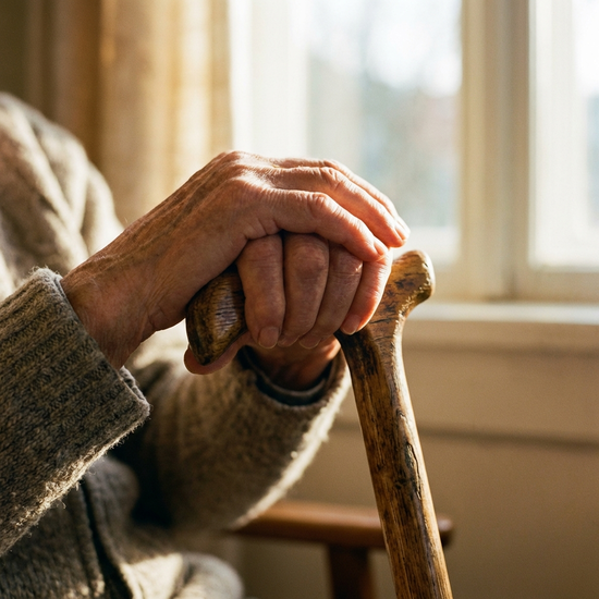 Eine Nahaufnahme von gefalteten Händen, die ruhig auf einem hölzernen Gehstock ruhen. Sanftes Licht, das Sicherheit und Geborgenheit im Alter ausstrahlt.