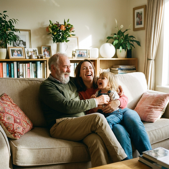 Eine glückliche Familie aus drei Generationen sitzt lachend auf einem Sofa im Wohnzimmer. Ein Großvater, seine erwachsene Tochter und ein Enkelkind. Warme, harmonische Atmosphäre.