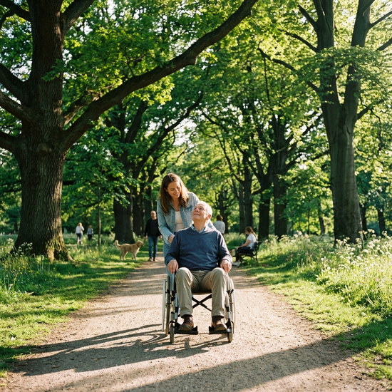 Ein entspannter Spaziergang im Park: Eine Tochter schiebt ihren Vater behutsam im Rollstuhl unter großen grünen Bäumen an einem sonnigen Nachmittag.
